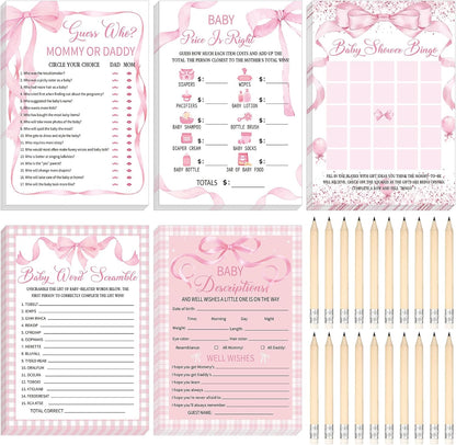 145 Pcs Baby Shower 5 Game Set for Party, Pink Bow