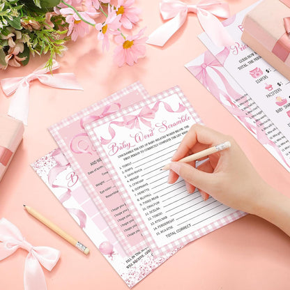 145 Pcs Baby Shower 5 Game Set for Party, Pink Bow