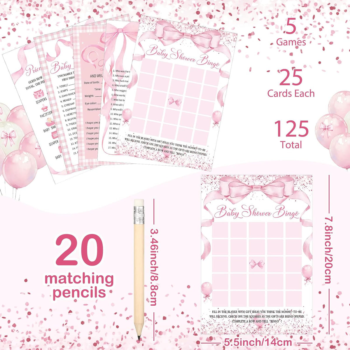 145 Pcs Baby Shower 5 Game Set for Party, Pink Bow