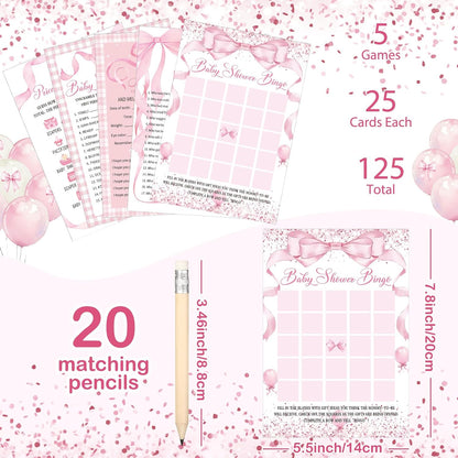 145 Pcs Baby Shower 5 Game Set for Party, Pink Bow