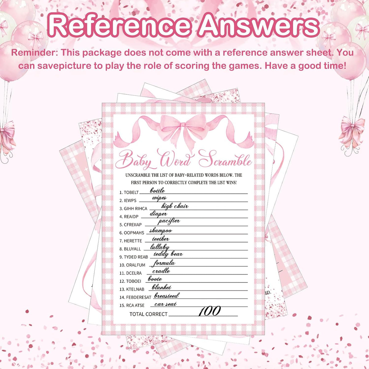 145 Pcs Baby Shower 5 Game Set for Party, Pink Bow