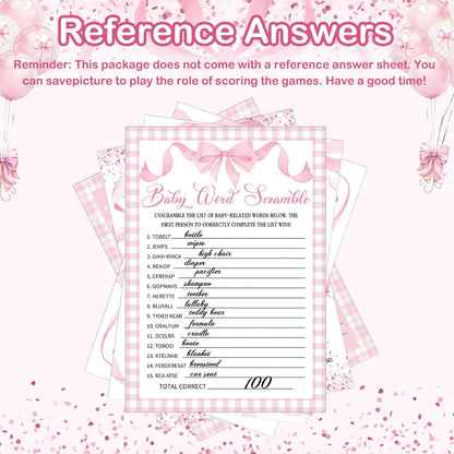145 Pcs Baby Shower 5 Game Set for Party, Pink Bow