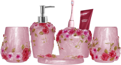 Vintage Pink Bathroom Accessories, 5Piece Bathroom Accessories Set, Bathroom Set Features, Soap Dispenser, Toothbrush Holder, Tumbler & Soap Dish - Bath Gift Set (Pink)