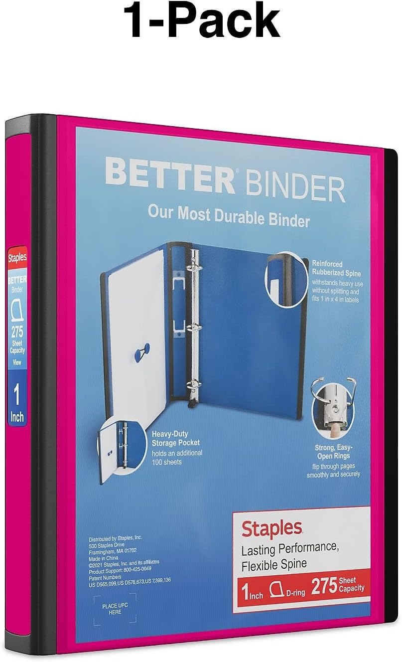 Better View 1-Inch D-Ring Binder, Pink, Clear Overlay