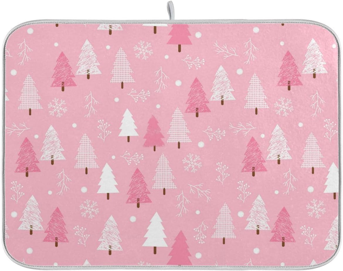 Christmas Tree Pink Dish Drying Mat for Kitchen Winter Snowflake Xmas Microfiber Drying Mats Absorbent Reversible Dish Pad Medium Dish Draining Mat 16x18 inch