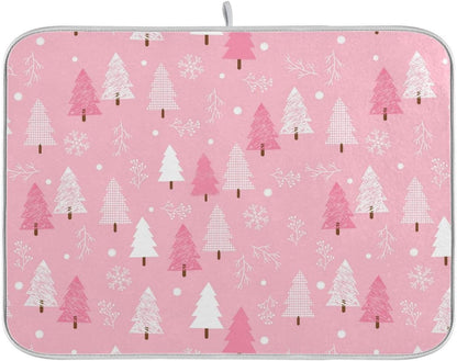 Christmas Tree Pink Dish Drying Mat for Kitchen Winter Snowflake Xmas Microfiber Drying Mats Absorbent Reversible Dish Pad Medium Dish Draining Mat 16x18 inch