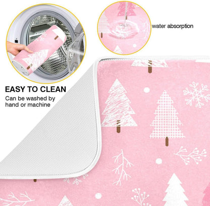 Christmas Tree Pink Dish Drying Mat for Kitchen Winter Snowflake Xmas Microfiber Drying Mats Absorbent Reversible Dish Pad Medium Dish Draining Mat 16x18 inch