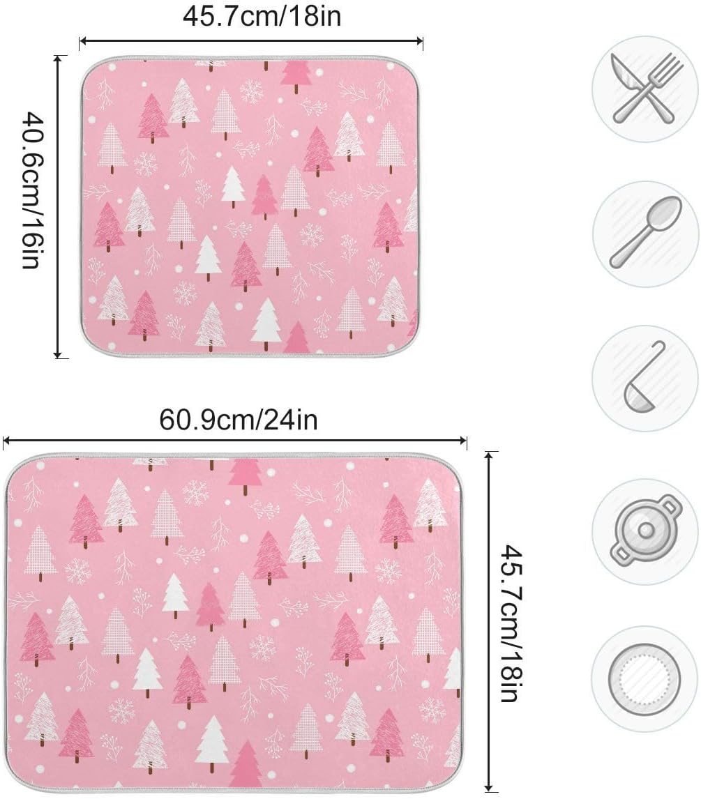Christmas Tree Pink Dish Drying Mat for Kitchen Winter Snowflake Xmas Microfiber Drying Mats Absorbent Reversible Dish Pad Medium Dish Draining Mat 16x18 inch