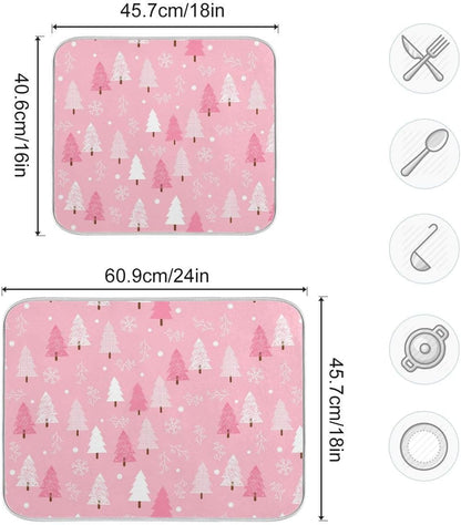 Christmas Tree Pink Dish Drying Mat for Kitchen Winter Snowflake Xmas Microfiber Drying Mats Absorbent Reversible Dish Pad Medium Dish Draining Mat 16x18 inch