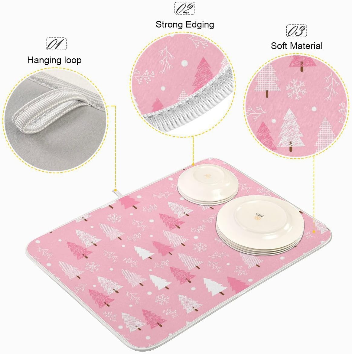 Christmas Tree Pink Dish Drying Mat for Kitchen Winter Snowflake Xmas Microfiber Drying Mats Absorbent Reversible Dish Pad Medium Dish Draining Mat 16x18 inch