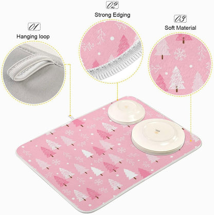 Christmas Tree Pink Dish Drying Mat for Kitchen Winter Snowflake Xmas Microfiber Drying Mats Absorbent Reversible Dish Pad Medium Dish Draining Mat 16x18 inch