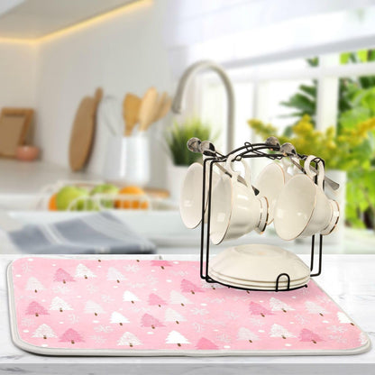 Christmas Tree Pink Dish Drying Mat for Kitchen Winter Snowflake Xmas Microfiber Drying Mats Absorbent Reversible Dish Pad Medium Dish Draining Mat 16x18 inch