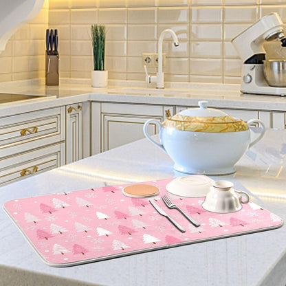 Christmas Tree Pink Dish Drying Mat for Kitchen Winter Snowflake Xmas Microfiber Drying Mats Absorbent Reversible Dish Pad Medium Dish Draining Mat 16x18 inch