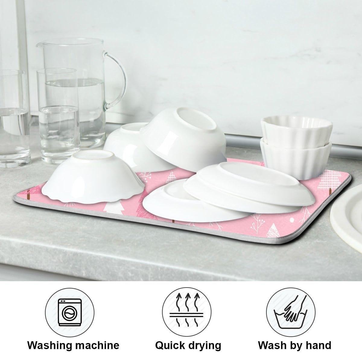 Christmas Tree Pink Dish Drying Mat for Kitchen Winter Snowflake Xmas Microfiber Drying Mats Absorbent Reversible Dish Pad Medium Dish Draining Mat 16x18 inch