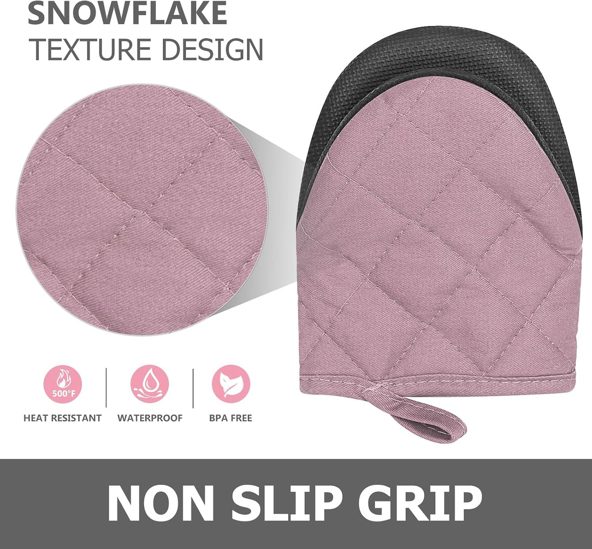 1 Pair Short Oven Mitts - Silicone Kitchen Oven Gloves High Heat Resistant 500℉, Mini Oven Mits with Non-Slip Grip Surfaces and Hanging Loop for BBQ, Baking, Cooking and Grilling (Pink)