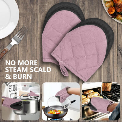 1 Pair Short Oven Mitts - Silicone Kitchen Oven Gloves High Heat Resistant 500℉, Mini Oven Mits with Non-Slip Grip Surfaces and Hanging Loop for BBQ, Baking, Cooking and Grilling (Pink)