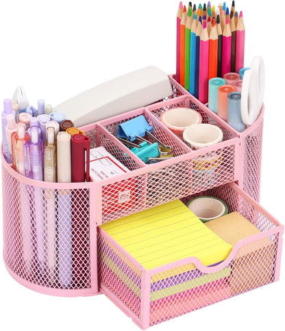 Pink Desk Organizer Mesh Pencil Holder 8 Compartments 1 Drawer