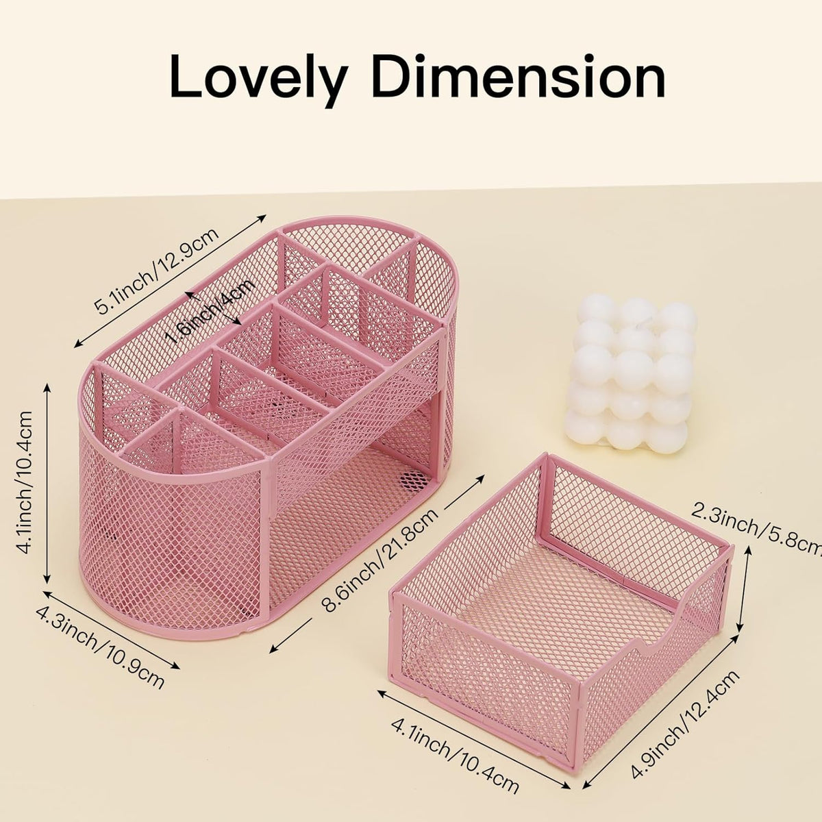 Pink Desk Organizer Mesh Pencil Holder 8 Compartments 1 Drawer