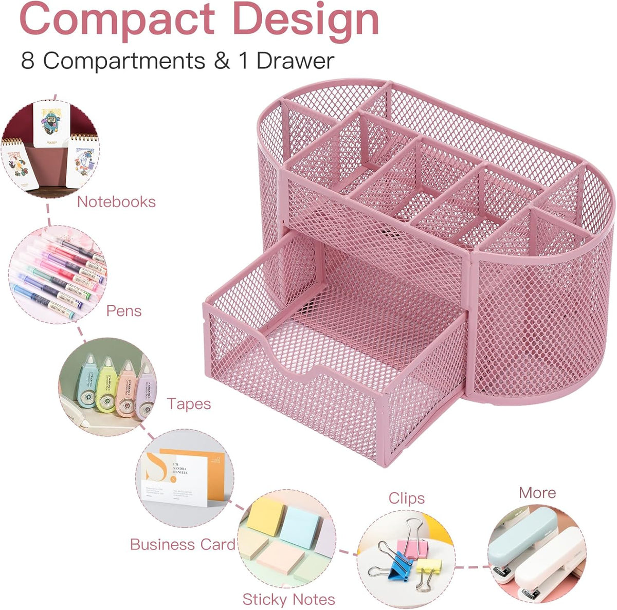 Pink Desk Organizer Mesh Pencil Holder 8 Compartments 1 Drawer