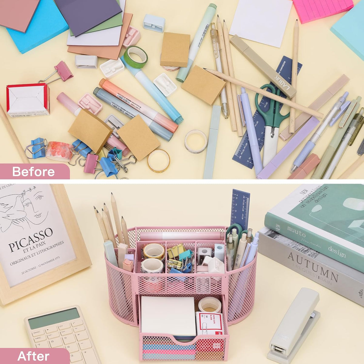 Pink Desk Organizer Mesh Pencil Holder 8 Compartments 1 Drawer