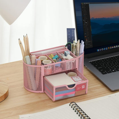 Pink Desk Organizer Mesh Pencil Holder 8 Compartments 1 Drawer