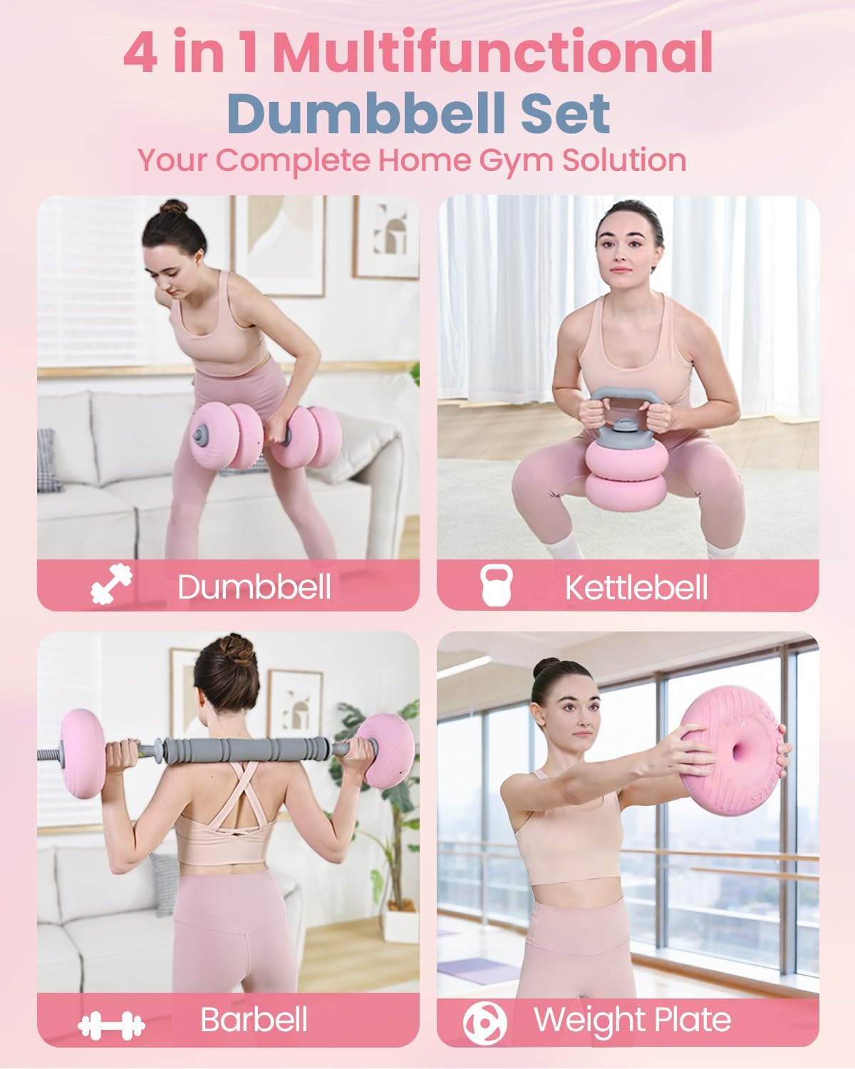 Adjustable Dumbbell Set, 4-in-1 Dumbbell, Kettlebell, Barbell&Plate