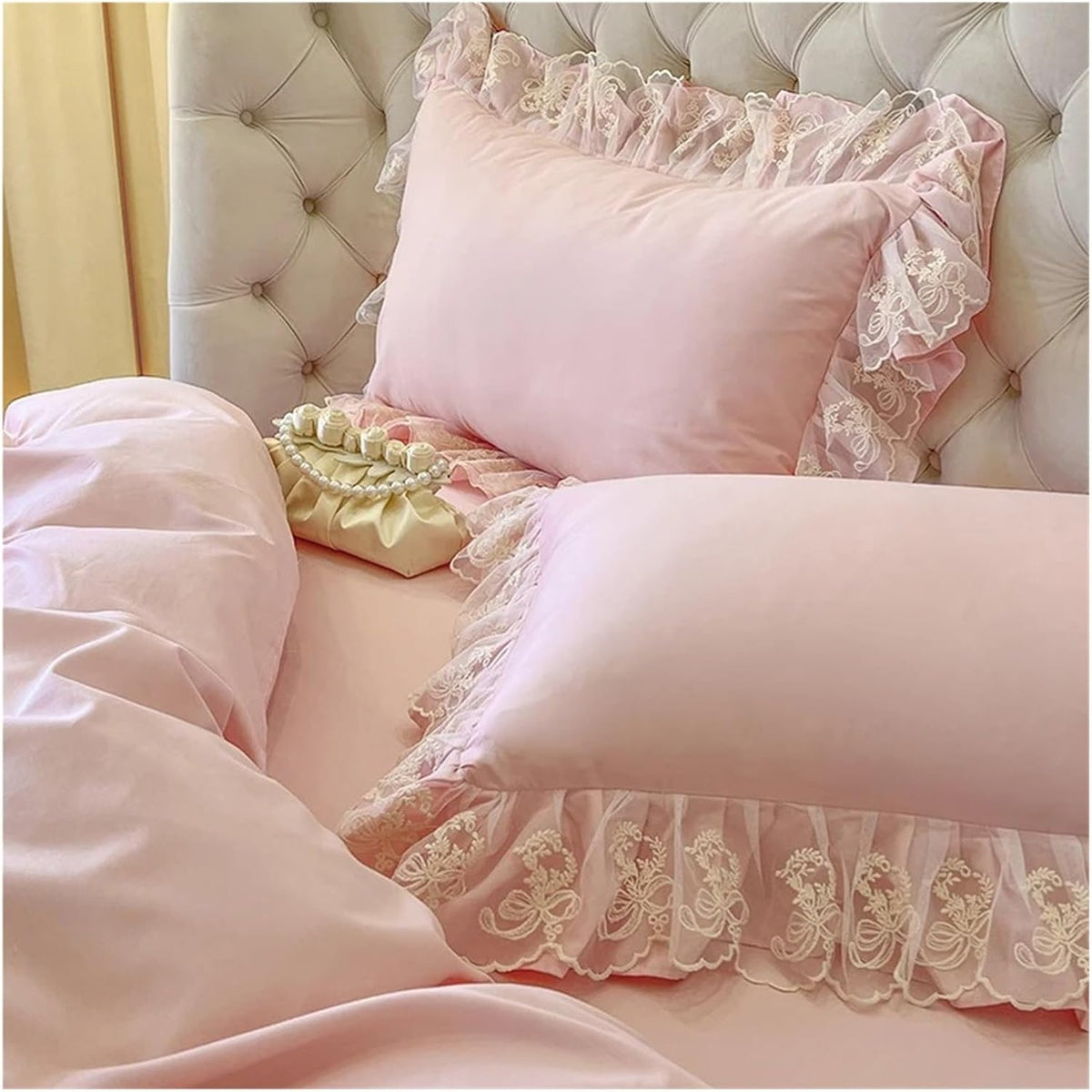 Ruffle Pillow Case Cotton Pillow Cover Lace Pillowslip Cushion Covers Ruffled Pillow Cases(Light Pink)