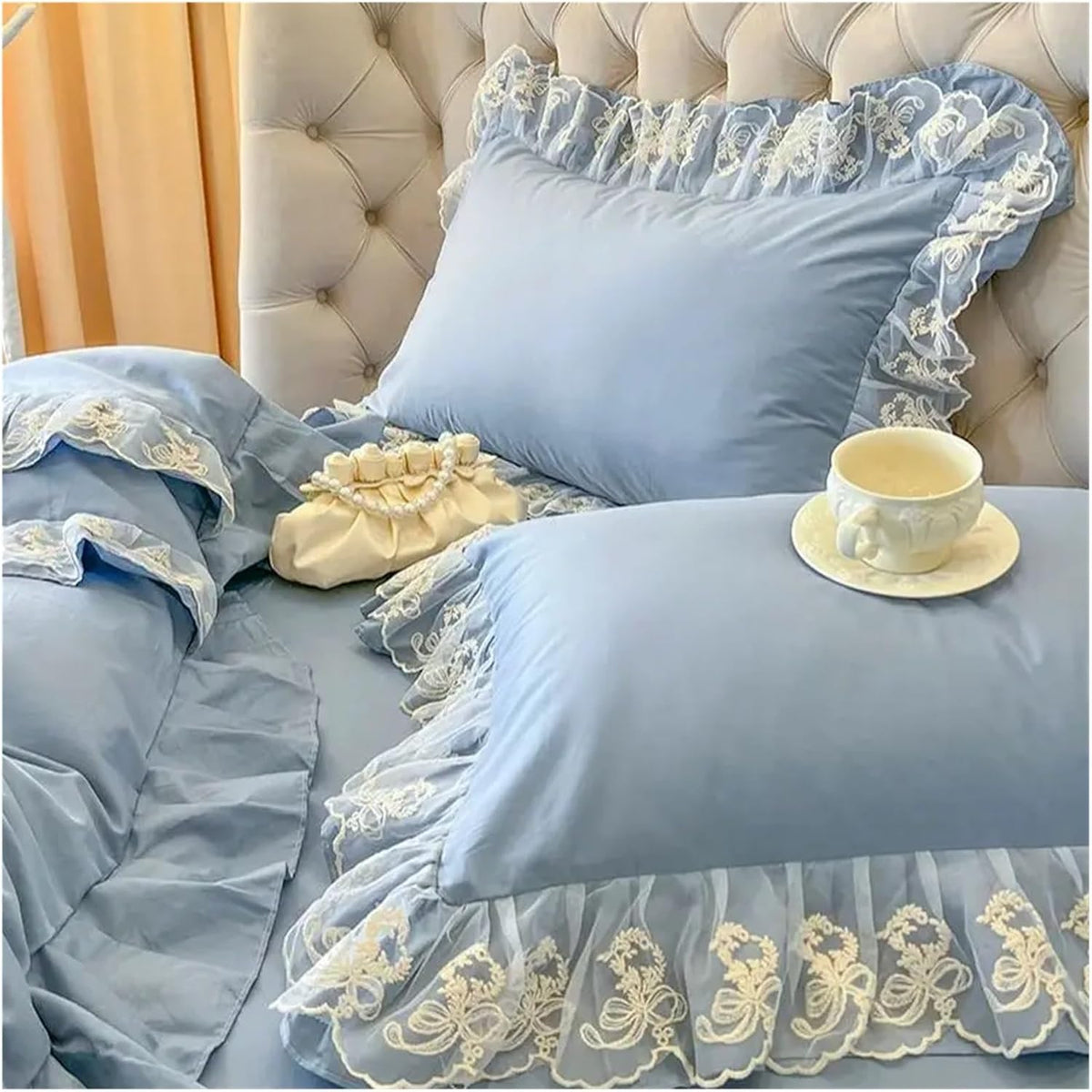 Ruffle Pillow Case Cotton Pillow Cover Lace Pillowslip Cushion Covers Ruffled Pillow Cases(Light Pink)