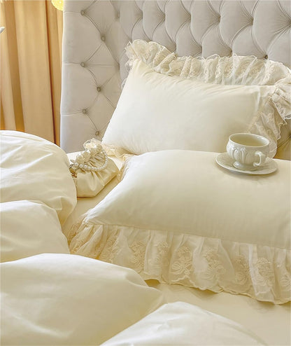 Ruffle Pillow Case Cotton Pillow Cover Lace Pillowslip Cushion Covers Ruffled Pillow Cases(Light Pink)