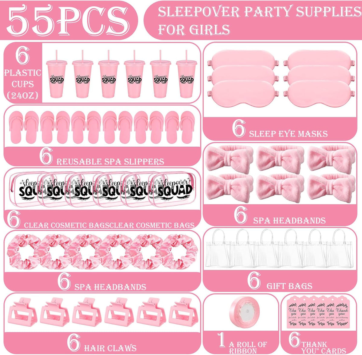 6 Sets/55 Pcs Spa Sleepover Birthday Party Supplies Kit, Pink