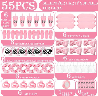6 Sets/55 Pcs Spa Sleepover Birthday Party Supplies Kit, Pink