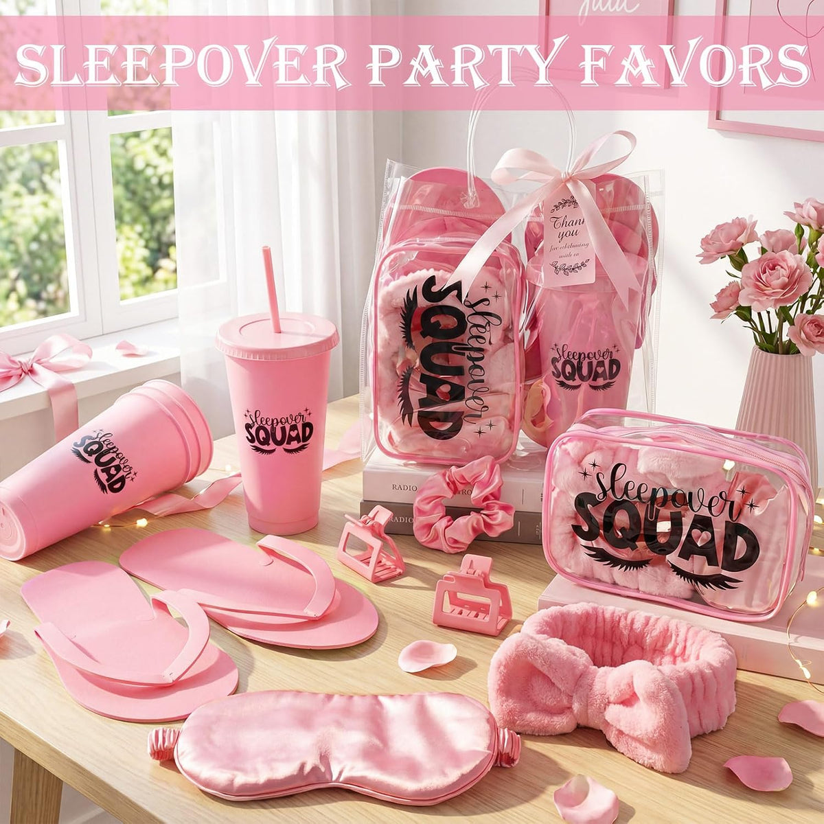 6 Sets/55 Pcs Spa Sleepover Birthday Party Supplies Kit, Pink