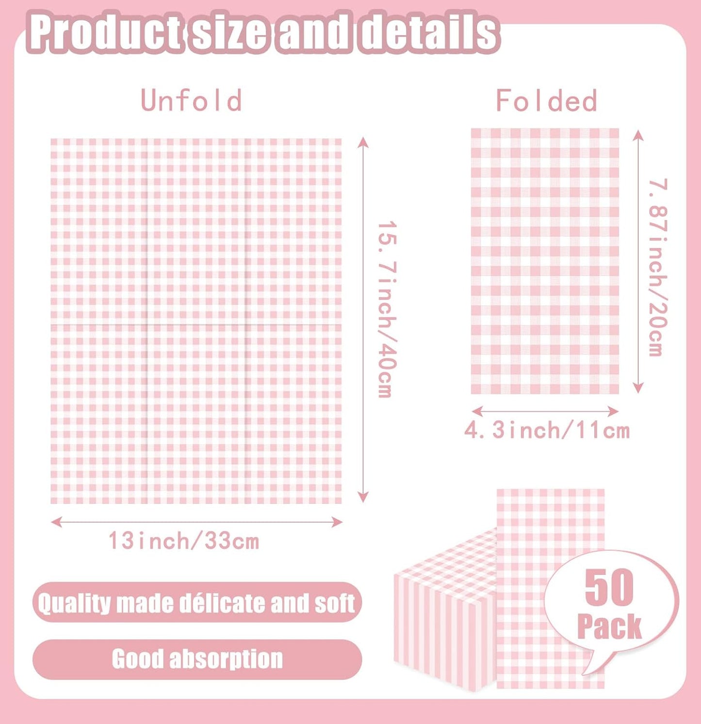 SietDESEO 50 Pieces 3-ply Light Pink Gingham Napkins 13 x 15.7 Inches Guest Bathroom Napkins Disposable Hand Towels for Bathroom Wedding Birthday Party Paper Dinner Napkins