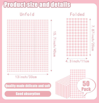 SietDESEO 50 Pieces 3-ply Light Pink Gingham Napkins 13 x 15.7 Inches Guest Bathroom Napkins Disposable Hand Towels for Bathroom Wedding Birthday Party Paper Dinner Napkins