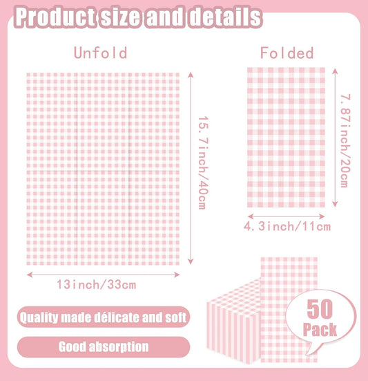 SietDESEO 50 Pieces 3-ply Light Pink Gingham Napkins 13 x 15.7 Inches Guest Bathroom Napkins Disposable Hand Towels for Bathroom Wedding Birthday Party Paper Dinner Napkins
