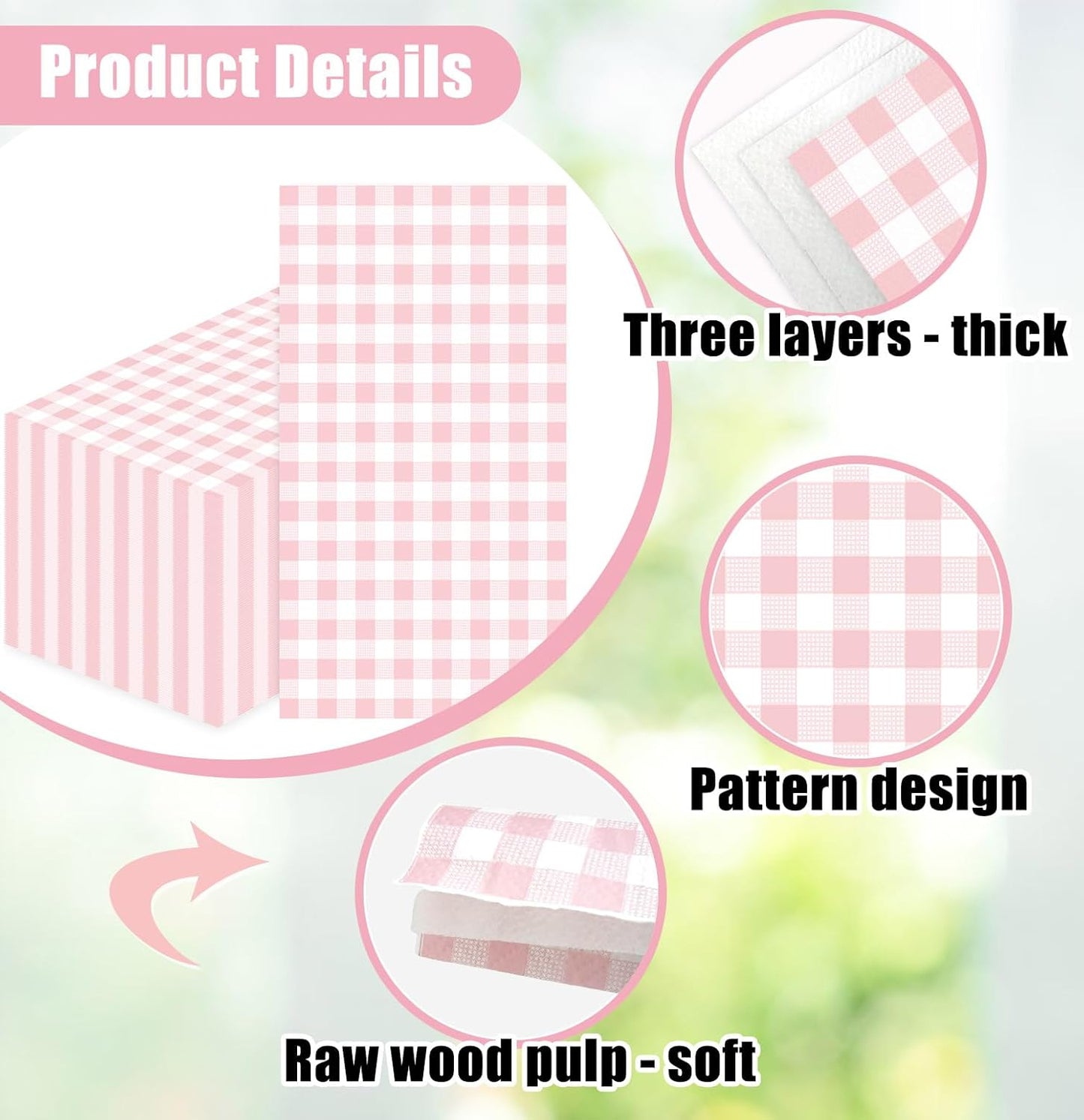 SietDESEO 50 Pieces 3-ply Light Pink Gingham Napkins 13 x 15.7 Inches Guest Bathroom Napkins Disposable Hand Towels for Bathroom Wedding Birthday Party Paper Dinner Napkins