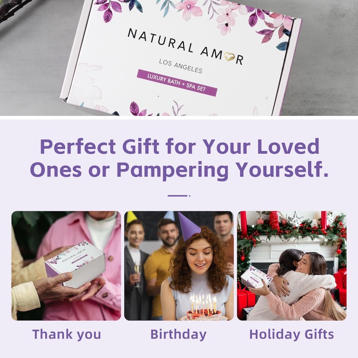 Natural Amor Bath & Spa Gift Set for Women – Floral Relaxation Self Care Box with Headband, Rose Candle, Heart Bath Bomb, Hand Cream, Pink Salt – Birthday, Valentine’s Day Gift