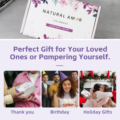 Natural Amor Bath & Spa Gift Set for Women – Floral Relaxation Self Care Box with Headband, Rose Candle, Heart Bath Bomb, Hand Cream, Pink Salt – Birthday, Valentine’s Day Gift