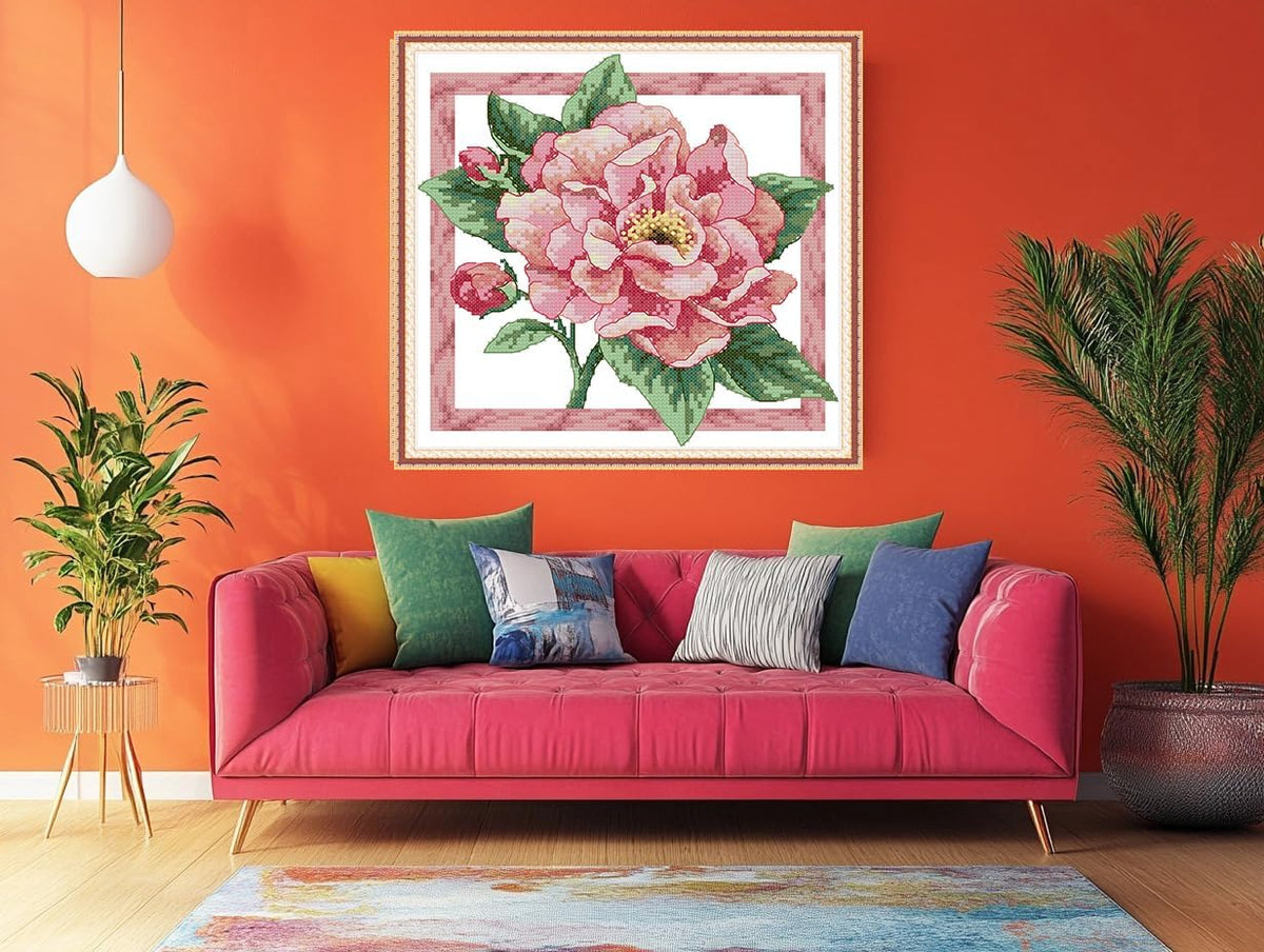Stamped Cross Stitch Kits - Colorful Printed Cross Stitch Kits for Adults Beginners,Embroidery Kits Printed Stitching Patterns Needlepoint Art Crafts for Home Deco - Pink Flowers 12.9×13.2 in