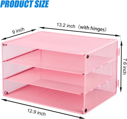 Paper Organizer Tray, 3 Tier Mesh Desk File Organizer Letter Sorter Holder for Home Office, Pink