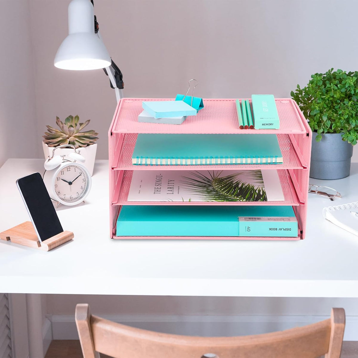 Paper Organizer Tray, 3 Tier Mesh Desk File Organizer Letter Sorter Holder for Home Office, Pink