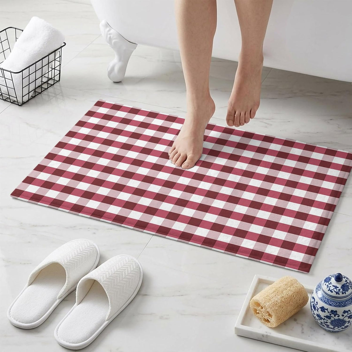 Non Slip Bath Mat for Bathroom Floor Tub, Classic Pink White Buffalo Checker Bathroom Rug Water Absorbent Soft Shaggy Rugs Indoor Doormats Geometric Square Art Lattice Plaid Mats,16x24in