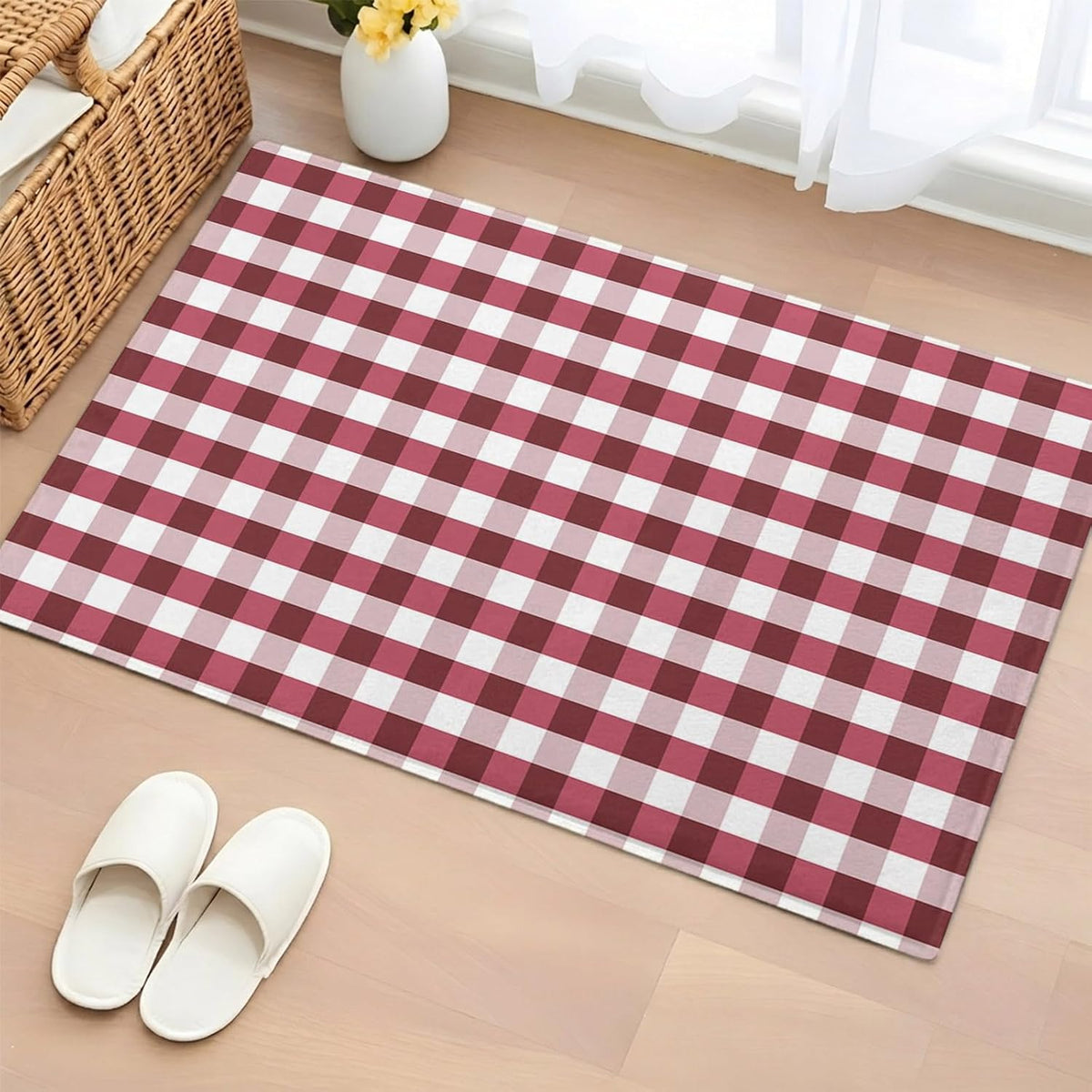 Non Slip Bath Mat for Bathroom Floor Tub, Classic Pink White Buffalo Checker Bathroom Rug Water Absorbent Soft Shaggy Rugs Indoor Doormats Geometric Square Art Lattice Plaid Mats,16x24in