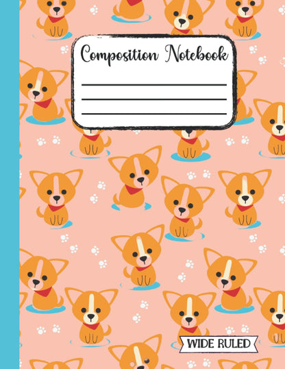 Wide Ruled Composition Notebook: Cute Pastel Peach and Blue Journal With a Corgi Dog Pattern | Great for School, College or Home | Lined Journal for Girls, Teens, Kids, Students