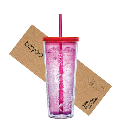 24oz Plastic Tumbler Cup, Lid & Straw, Iced Coffee, Mandala Pink