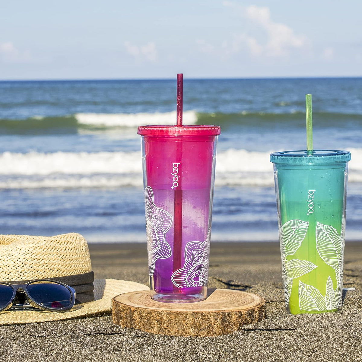 24oz Plastic Tumbler Cup, Lid & Straw, Iced Coffee, Mandala Pink