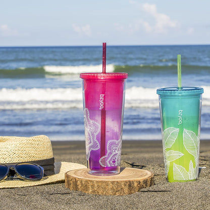 24oz Plastic Tumbler Cup, Lid & Straw, Iced Coffee, Mandala Pink