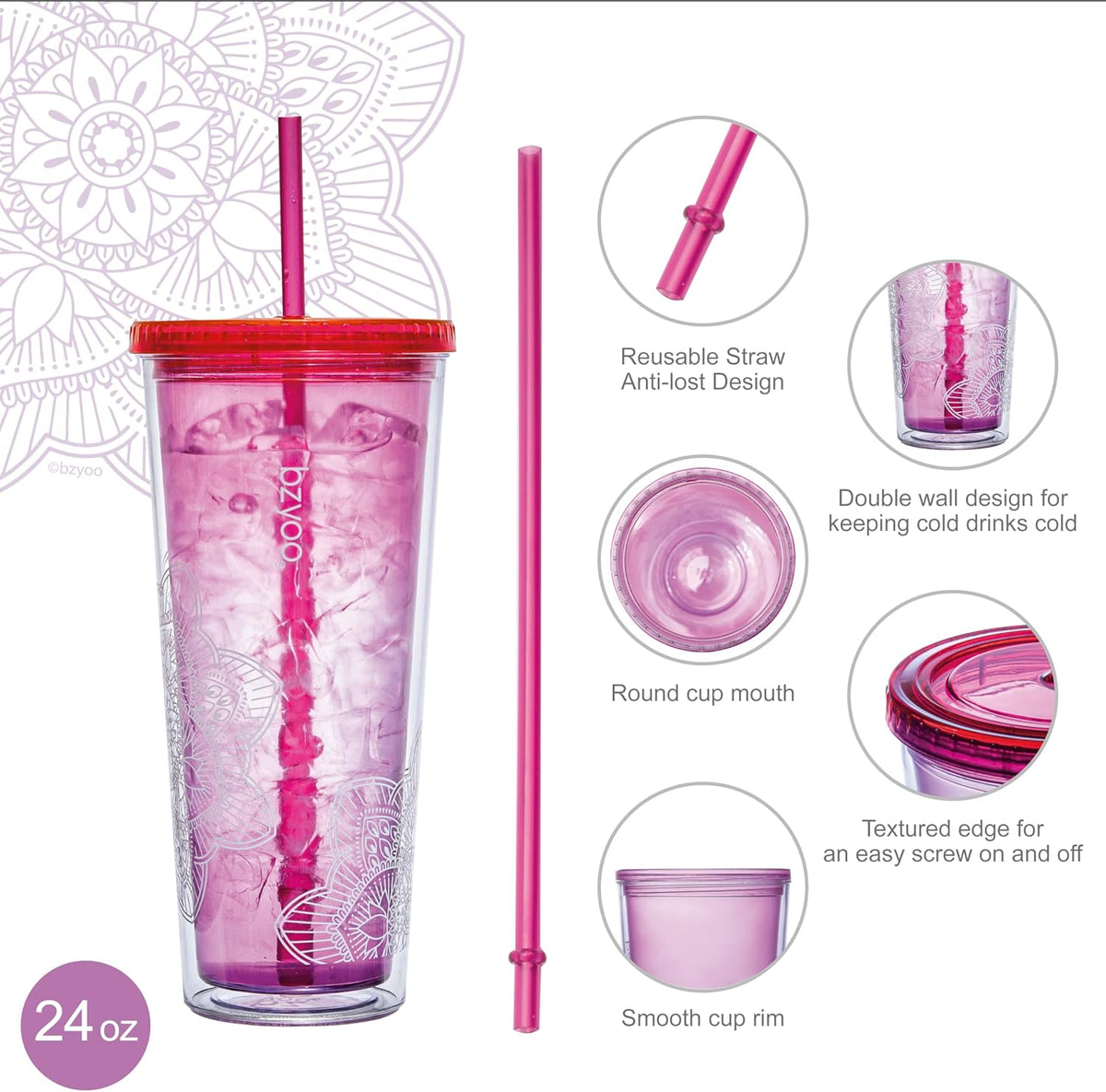 24oz Plastic Tumbler Cup, Lid & Straw, Iced Coffee, Mandala Pink