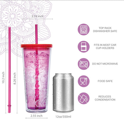 24oz Plastic Tumbler Cup, Lid & Straw, Iced Coffee, Mandala Pink