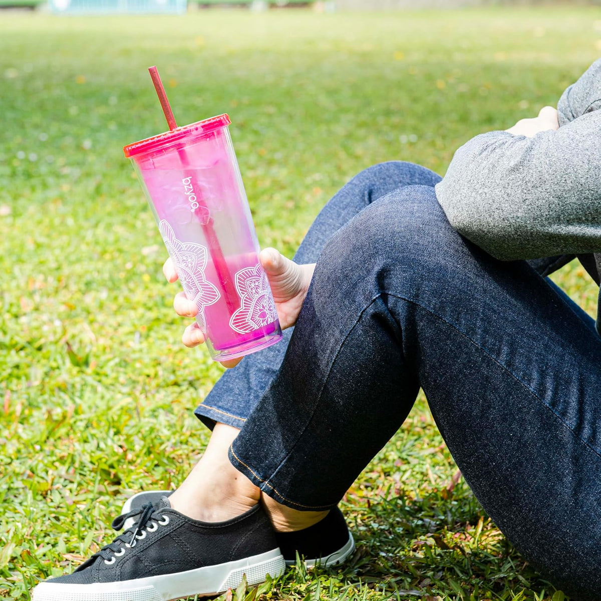 24oz Plastic Tumbler Cup, Lid & Straw, Iced Coffee, Mandala Pink